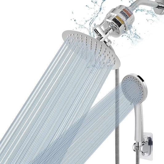 NearMoon Filtered Shower Head, High Pressure 8″Round Rain Shower and 5 settings Handheld Shower Filter Combo with Self-adhesive Holder/1.5M Hose -1 Replaceable Filter Cartridge (Chrome Finish)