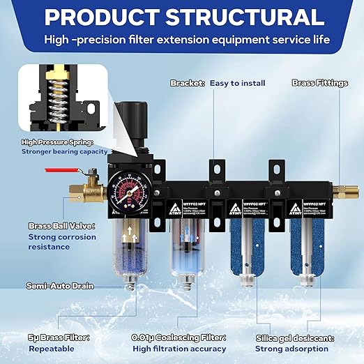 1/4 Inch NPT 4 Stage Air Compressor Dryer System,Air Drying System Brass Filter&Coalescing Filter,Double Desiccant Dryers & Air Regulator, Semi-Auto Drain(Black)