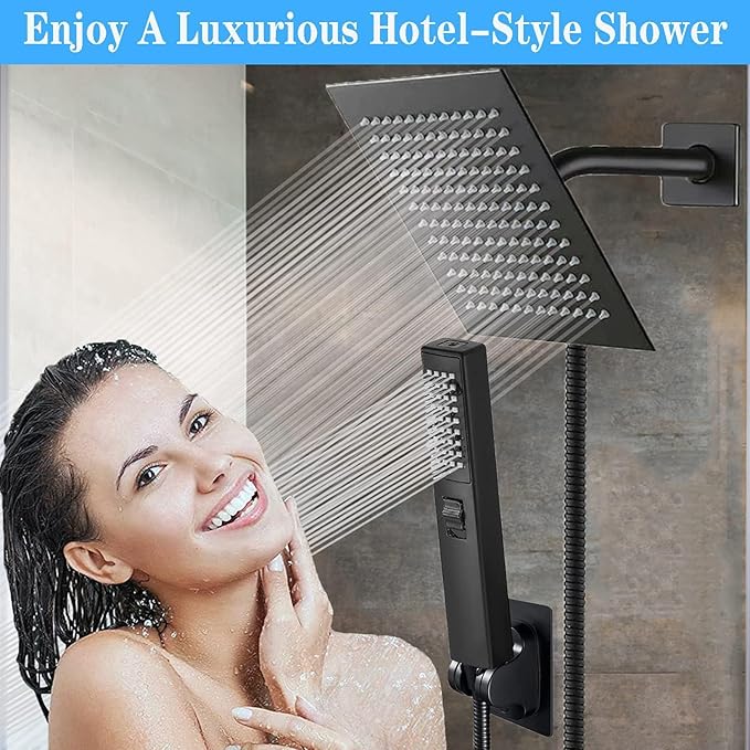 6'' Square High Pressure Rain Black Shower Heads with Handheld Spray Combo. Equipped with 78" Leakproof Hose, 3 Way Diverter Valve, Adhesive Shower Head Holder, Double Shower Head Set, AWAXFOLO