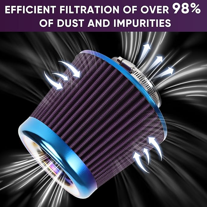 Universal Cold Air Intake Filter Clamp-On Replacement Air Filter Flange Diameter 3 inches/76mm High Performance Washable Filter Purple