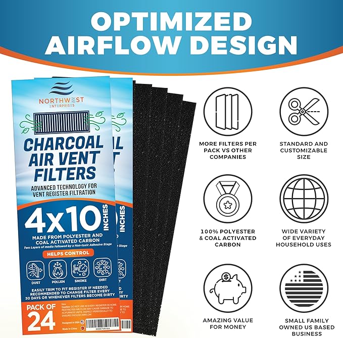 Activated Carbon Air Vent Filters for Home - 4" x 10" Dust Control Activated Charcoal Floor Vent Filters - Air Filter Freshener for Home Vents to Purify Indoor Air and Homes - (24-Pack)
