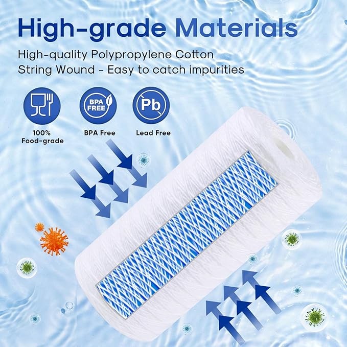 ICEPURE 5 Micron 10”*4.5'' Whole House Sediment String Wound Water Filter Replacement filter for 84637, WPX5BB97P, PC10, 355214-45, 355215-45, WP10BB97P, WP5BB97P, 4PACK
