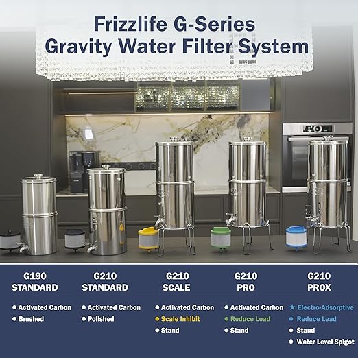 Frizzlife G210-SCALE Travel Gravity-Fed Water Filter System, NSF Certified Element with Scale Inhibition Reduces 99% Chlorine, Odor, Impurity, Purifier System with Stand for Home, Camping, 2.25G