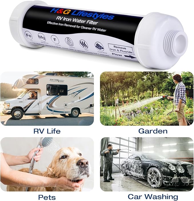 H&G lifestyles Iron RV Water Filter Camping, RV Inline Water Filter for RV Hose, Reduce Iron Fluoride Manganese Improve Water Taste for Drinking Water, 3/4" GHT, Ideal for Campers, Marine, Boats