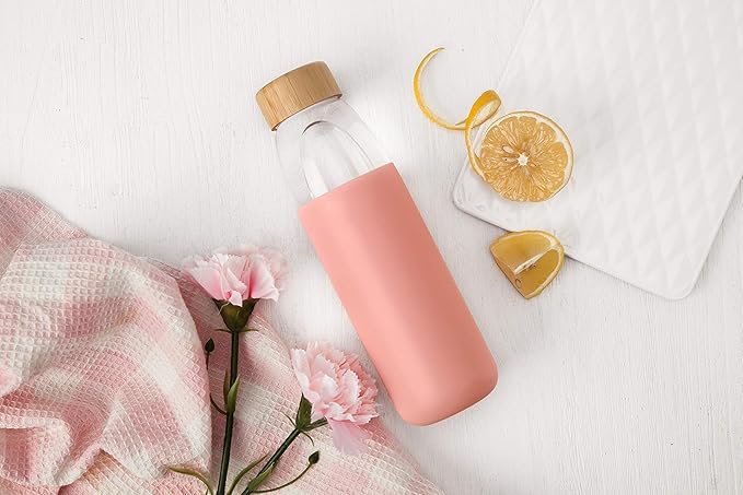 veegoal 25 Oz Borosilicate Glass Water Bottles with Bamboo Lid, BPA-FREE, Non-Slip Silicone Sleeve, and Stainless Steel Leak Proof Lid - Reusable Glass Bottle for Men and Women