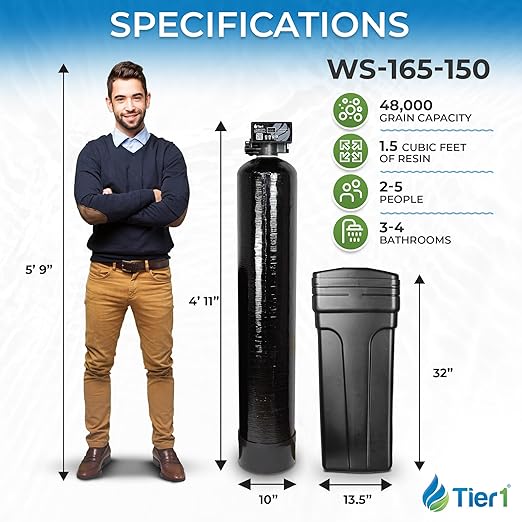 Tier1 Whole House Water Softener System 48,000 Grain High Efficiency with Sediment Pre-Filter | Pre-Filled Mineral Tank with 1.5 Cubic feet of Cation Resin | Home Water Filtration System