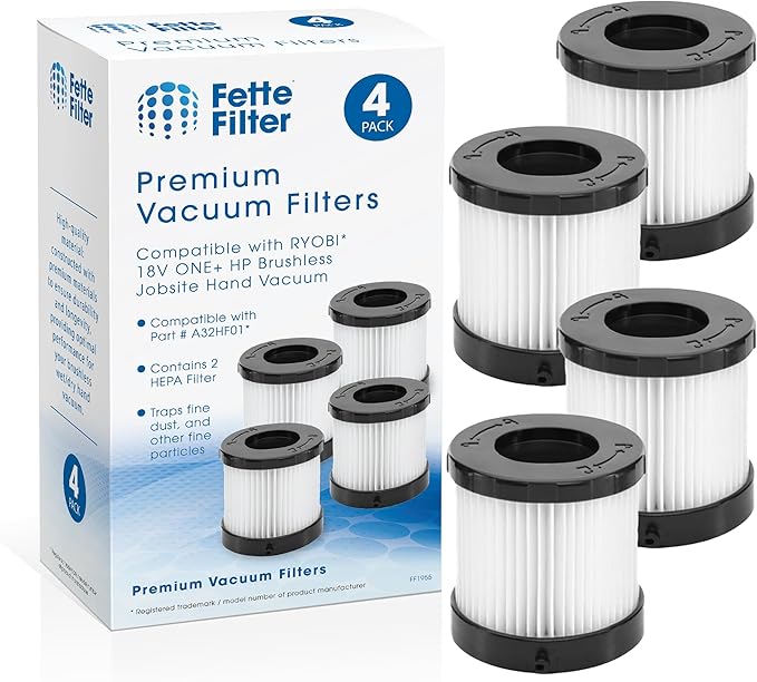 A32HF01 Premium HEPA Replacement Filter Compatible With RYOBI 18V ONE+ HP Brushless Jobsite Hand Vacuum Models PBLHV701 PBLHV701K PBLHV701B Part # A32HF01 Pack of 4