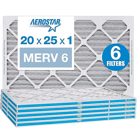 Aerostar 20x25x1 MERV 6 Pleated Air Filter, AC Furnace Air Filter, 6 Pack (Actual Size: 19 3/4"x24 3/4"x3/4")