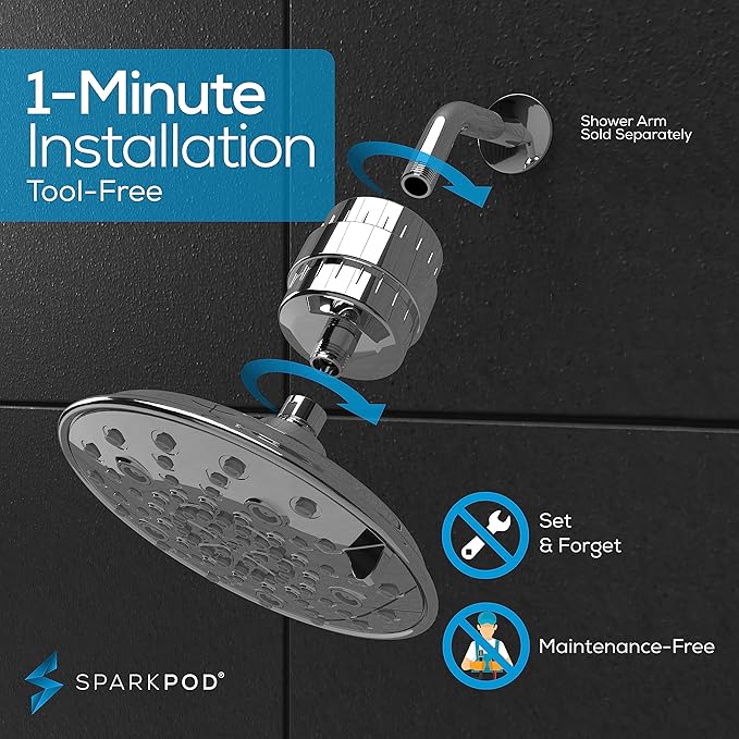 SparkPod Luxury Filtered Shower Head Set 23 Stage Shower Filter - Reduces Chlorine and Heavy Metals - High Pressure Showerhead Filter (8" Round, Luxury Polished Chrome)