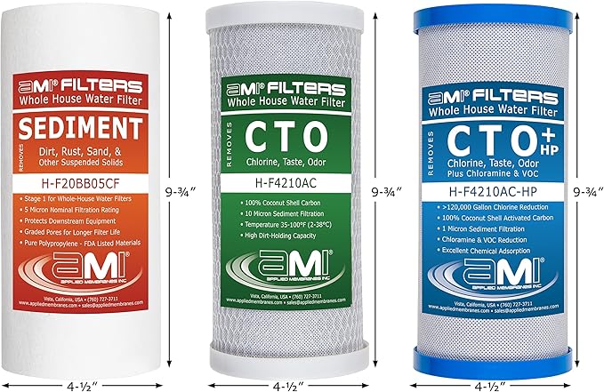 Applied Membranes Inc. 3-Stage Whole-House Water Filter Cartridge Replacements, Includes 10-Inch Sediment, Carbon, and Lead Filter Cartridges