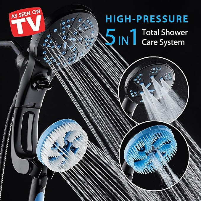 Hotel Spa AquaCare High Pressure 6-in-1 Aquassage 76-mode 3-way Combo, Showerhead, Hand Shower, Body Brush, Hair Brush & Arm in One Two Brackets, Extra-long 6 foot Hose, Brush Head Holder