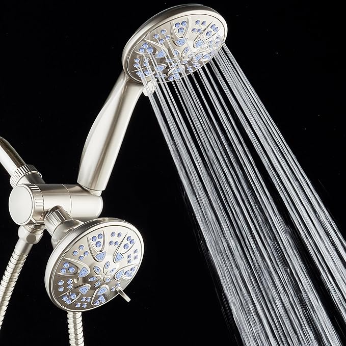 AquaDance Antimicrobial/Anti-Clog High-Pressure 30-setting Dual Head Combination Shower with Nozzle Protection from Growth of Mold, Mildew & Bacteria for a Healthier Shower – Sunset Blue
