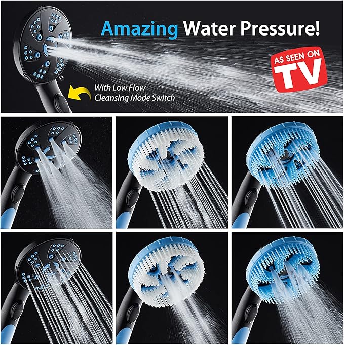Hotel Spa AquaCare High Pressure 6-in-1 Aquassage 76-mode 3-way Combo, Showerhead, Hand Shower, Body Brush, Hair Brush & Arm in One Two Brackets, Extra-long 6 foot Hose, Brush Head Holder