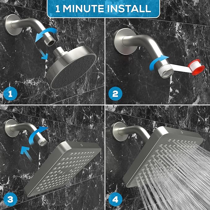 SparkPod Shower Head - High Pressure Rain - Premium Quality Luxury Design - 1-Min Install - Easy Clean Adjustable Replacement for Your Bathroom Shower Heads (Elegant Brushed Nickel, 6 Inch Square)