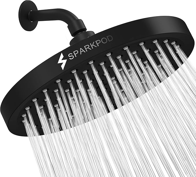 SparkPod Shower Head - High Pressure Rain - Premium Quality Luxury Design - 1-Min Install - Easy Clean Adjustable Replacement for Your Bathroom Shower Heads (Midnight Black Matte, 8 Inch Round)