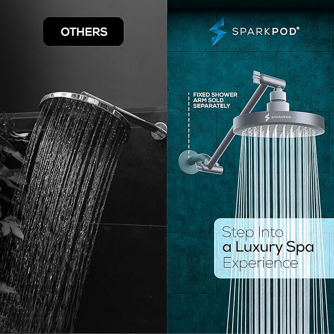 SparkPod Round Rain Shower Head with Extension Arm - Height Adjustable Shower Head with High Pressure Performance - Easy 1-Minute Installation (11" Arm Extension, Titanium Charcoal Grey)