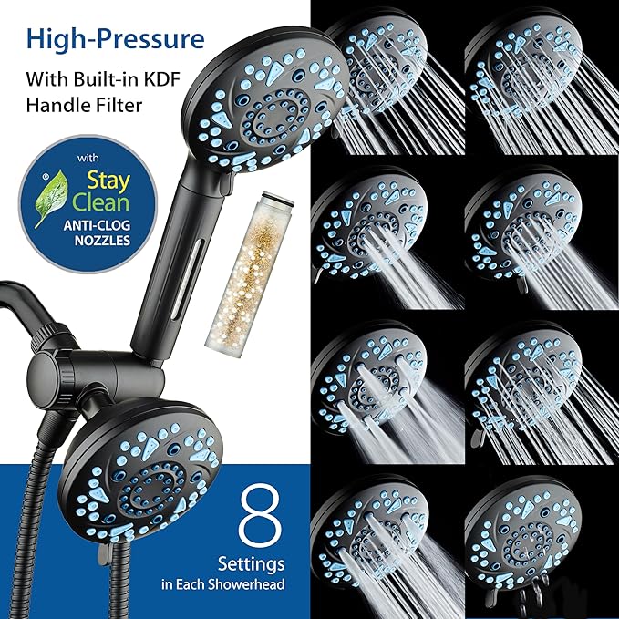 AquaCare High Pressure 6-way Dual Shower Head Combo with Built-in Filter & Power Wash - Clean Tub, Tile & Pets. Remove Chlorine, Lead & Toxins from Water to Protect Skin, Hair, & Nails. Matte Black