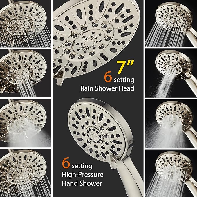 AquaDance 7" Premium High Pressure 3-Way Rainfall Combo with Stainless Steel Hose – Enjoy Luxurious 6-setting Rain Shower Head and Hand Held Shower Separately or Together – Brushed Nickel Finish