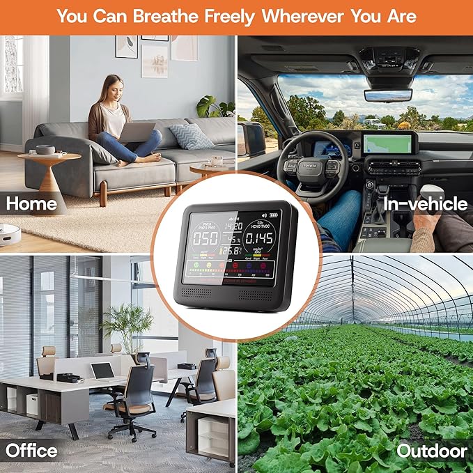 16-in-1 Indoor Air Quality Monitor with PM1.0,PM2.5,PM10,CO2,HCHO,TVOC,Temperature,Humidity,Time Display &7 AQI Alarms – Professional Air Quality Tester for Home, Office & Indoor Use (Jet Black)