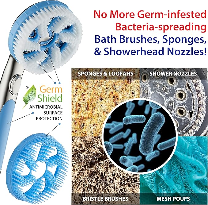 AquaCare High Pressure 6-in-1 Aquassage - 76-mode 3-way Combo, Showerhead, Hand Shower, Body Brush, Hair Brush & Arm in One! Two Brackets, Extra-long 6 foot Stainless Steel Hose, Brush Head Holder