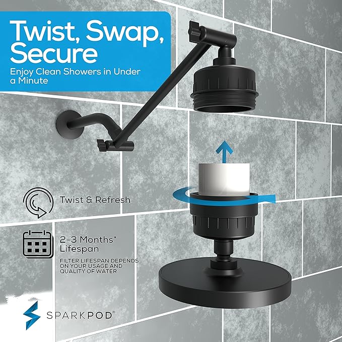 SparkPod 6" High Pressure Rain Shower Head with 23 Stage Filter Capsule & 11 Inch Adjustable Shower Arm Extension - Shower Filter Reduces Chlorine for Smoother Hair & Skin (Round, Black Matte)