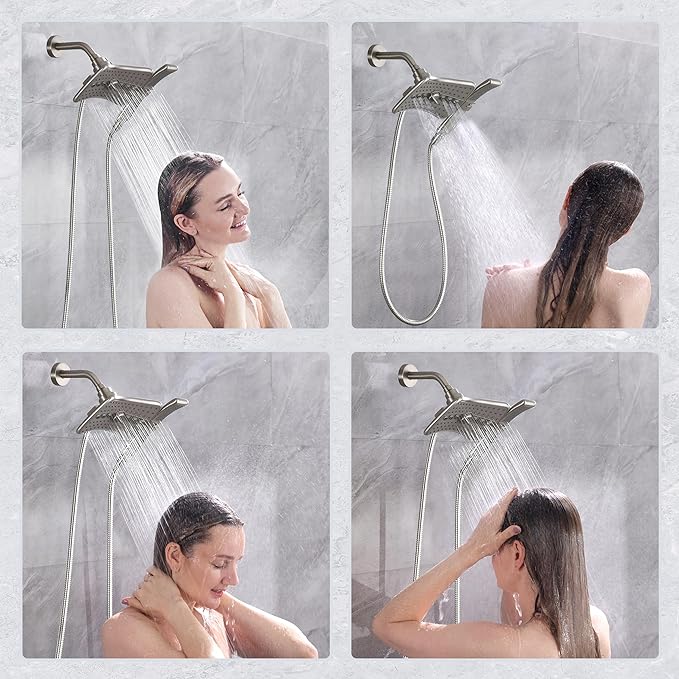 BRIGHT SHOWERS High Pressure Shower Head Combo with Two Spray Setting Fixed Shower Head and Two Spray Settings Handheld Shower Head with Grey Face, Brushed Nickel