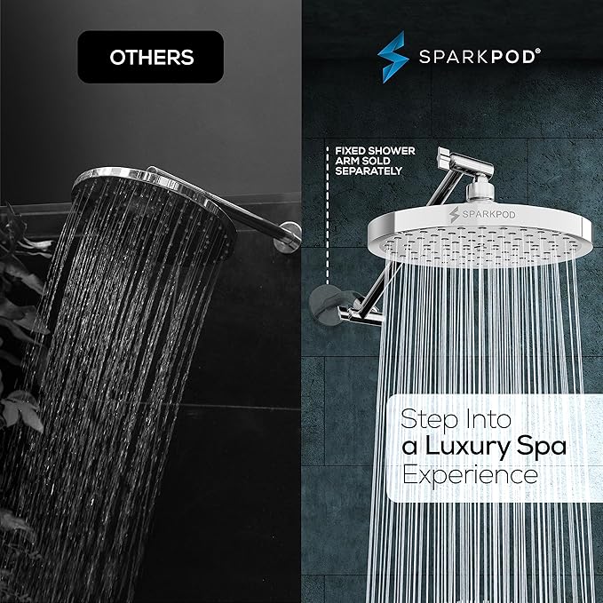SparkPod Round Rain Shower Head with Shower Head Extension Arm - High Pressure Rain - Luxury Modern Look - No Hassle Tool-less 1-Min Installation (11" Shower Arm Extension, Luxury Polished Chrome)