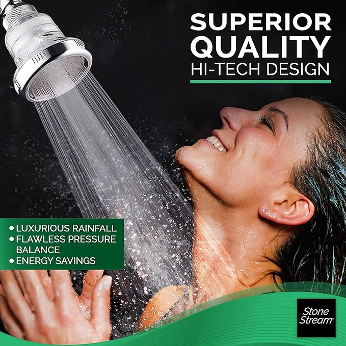 Original StoneStream Filtered Wall Showerhead for Hard Water with Soft Water Filter, High Pressure Multi-Functional Water Saving Showerhead with 3 Spray Settings