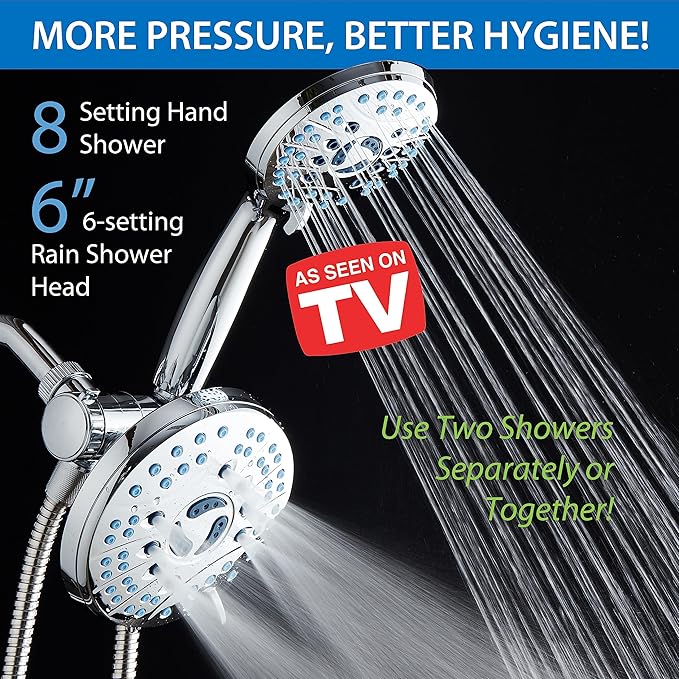 Hotel Spa AquaCare As-Seen-On-TV High Pressure Handheld & Rain 50-mode 3-way Shower Head Combo with Anti-clog Jets, 2-mode Tub & Pet Power Wash, Extra Wall Bracket, 6 ft. Hose, All Chrome Finish