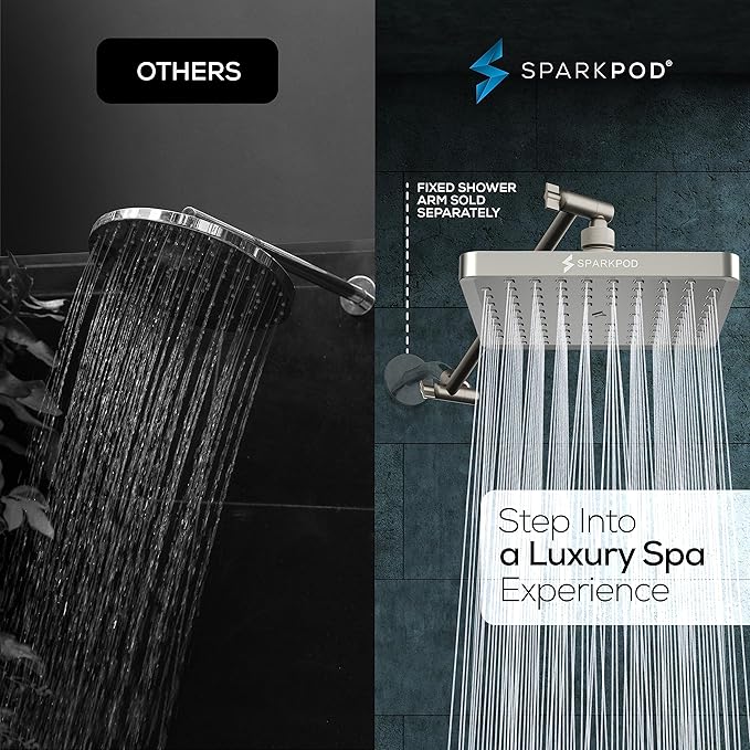 SparkPod Square Rain Shower Head with Shower Head Extension Arm - High Pressure Rain - Luxury Modern Look - No Hassle Tool-less 1-Min Installation (11" Shower Arm Extension, Elegant Brushed Nickel)