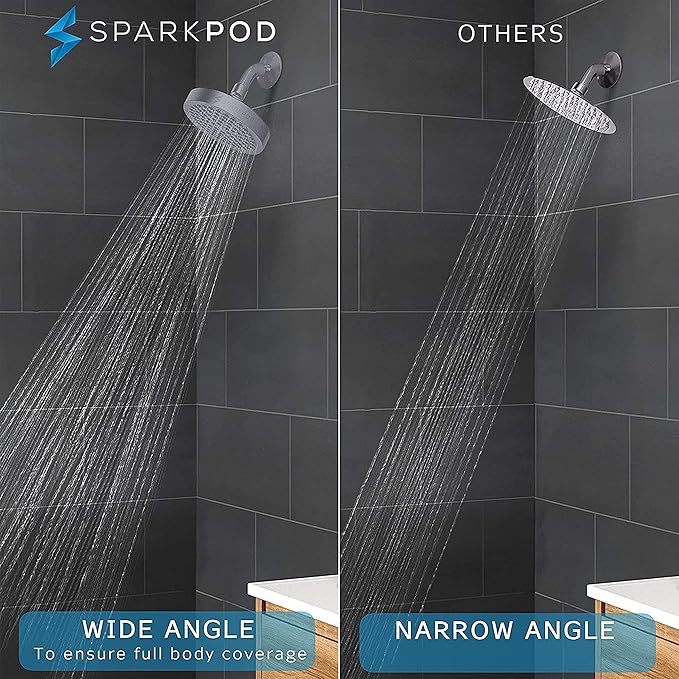 SparkPod Shower Head - High Pressure Rain - Premium Quality Luxury Design - 1-Min Install - Easy Clean Adjustable Replacement for Your Bathroom Shower Heads (Charcoal Grey, 6 Inch Round)