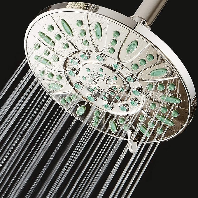 AquaDance 7-inch 6-Setting Rainfall Showerhead with Anti-Microbial Microban Protection from Mold, Mildew, and Bacteria - Clog-Free, Brushed Nickel Finish/Coral Green Jets