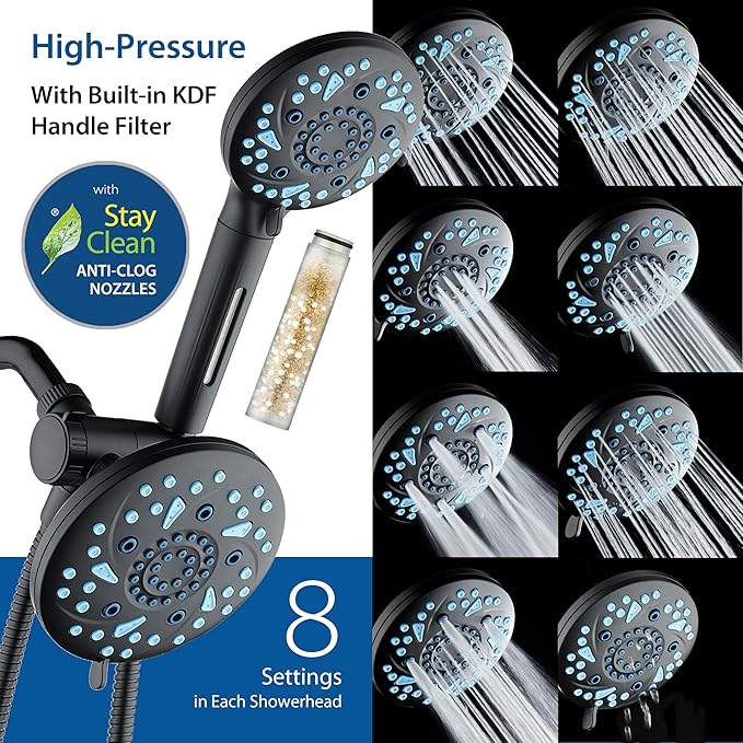 AquaCare High Pressure 6-way Dual Shower Head Combo with Built-in Filter & Power Wash - Clean Tub, Tile & Pets. Remove Chlorine, Lead & Toxins from Water to Protect Skin, Hair, & Nails. Matte Black