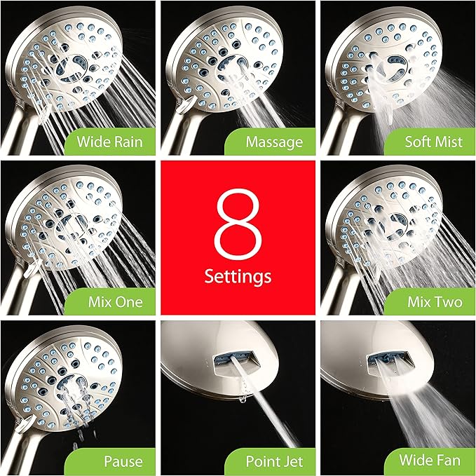 Hotel Spa AquaCare As-Seen-On-TV High Pressure 50-mode Rain & Handheld 3-way Shower Head Combo - Anti-clog Nozzles/Tub, Tile & Pet Power Wash/Extra Long 6 ft. Stainless Steel Hose/Nickel Finish