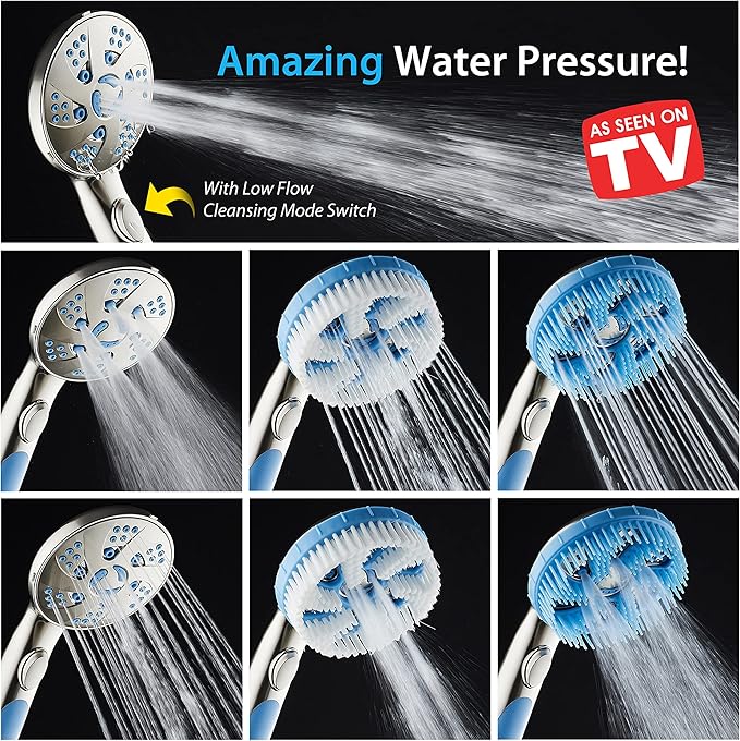 AquaCare High Pressure 6-in-1 Aquassage - 76-mode 3-way Combo, Showerhead, Hand Shower, Body Brush, Hair Brush & Arm in One! Two Brackets, Extra-long 6 foot Stainless Steel Hose, Brush Head Holder