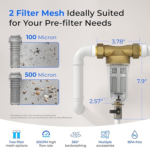 Waterdrop Spin Down Sediment Filter, Backwash Whole House Water Filter System for City/Well Water, 100 Micron+500 Micron, 1" MNPT + 3/4" FNPT + 3/4" MNPT, Traps Sand, BPA Free