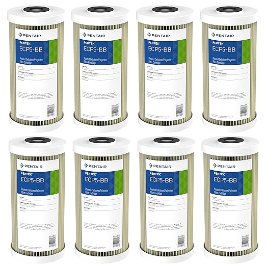 Pentair Pentek ECP5-BB Big Blue Sediment Water Filter, 10-Inch, Whole House Heavy Duty Pleated Cellulose Polyester Replacement Cartridge, 10" x 4.5", White End-Cap, 5 Micron, Pack of 8