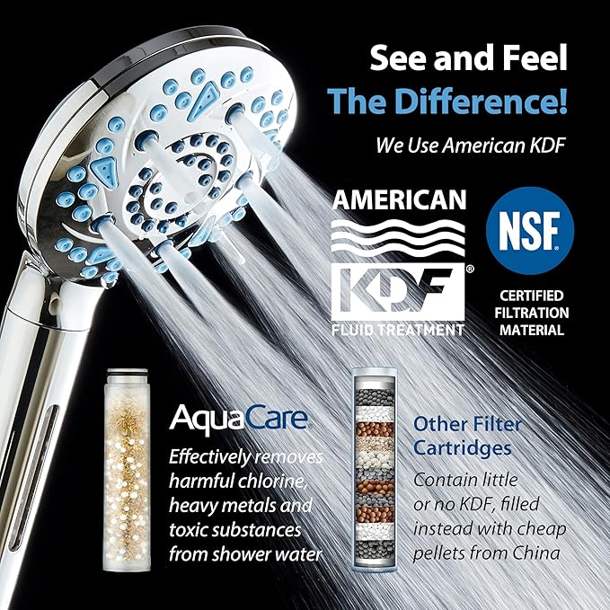AquaCare High Pressure 6-way Dual Shower Head Combo with Built-in Filter & Power Wash - Clean Tub, Tile & Pets. Remove Chlorine, Lead & Toxins from Water to Protect Skin, Hair, & Nails. Chrome Finish