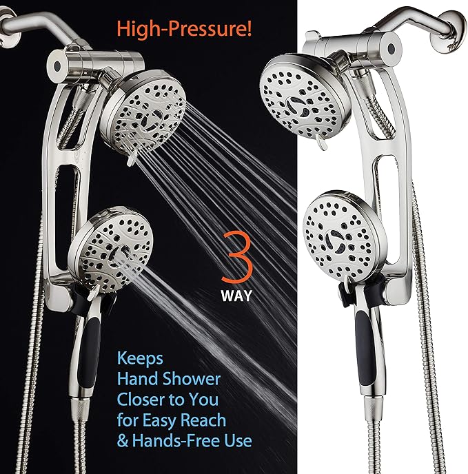 High Pressure 48-mode Luxury 3-way Combo with Adjustable Extension Arm – Dual Rain & Handheld Shower Head – Extra Long 6 Foot Stainless Steel Hose – All Brushed Nickel Finish – Top US Brand