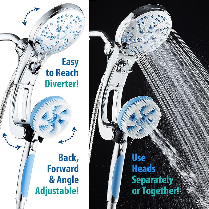 Hotel Spa AquaCare High Pressure 6-in-1 Aquassage - 76-mode 3-way Combo, Showerhead, Hand Shower, Body Brush, Hair Brush & Arm in One Two Brackets, Extra-long 6 foot Stainless Steel Hose