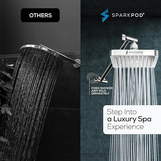 SparkPod Square Rain Shower Head with Extension Arm - Height Adjustable Shower Head with High Pressure Performance - Easy 1-Minute Installation (11" Arm Extension, Luxury Polished Chrome)