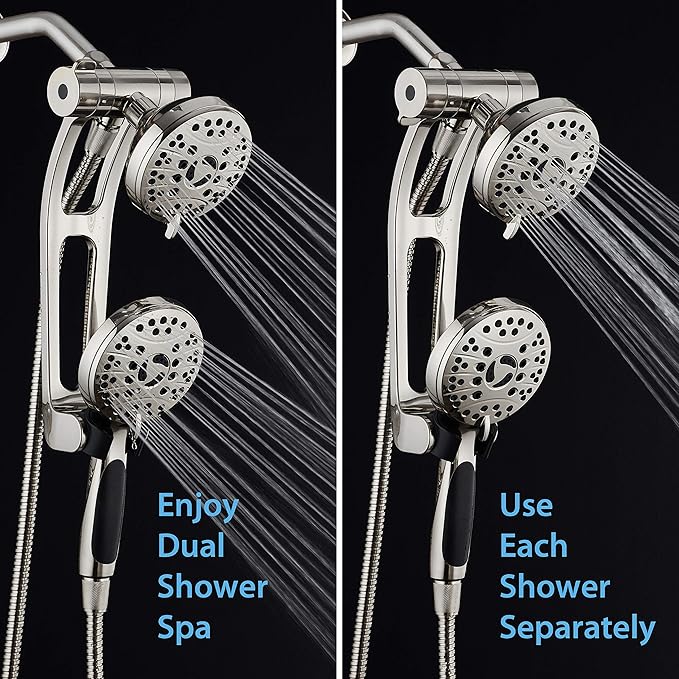 High Pressure 48-mode Luxury 3-way Combo with Adjustable Extension Arm – Dual Rain & Handheld Shower Head – Extra Long 6 Foot Stainless Steel Hose – All Brushed Nickel Finish – Top US Brand
