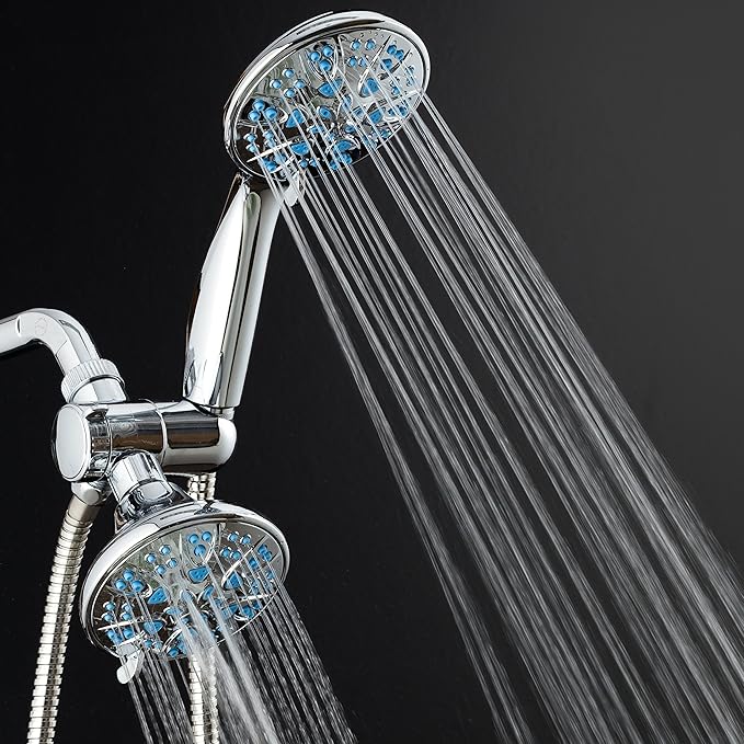 AquaDance Antimicrobial/Anti-Clog High-Pressure 30-setting Dual Head Combination Shower with Microban Nozzle Protection From Growth of Mold, Mildew & Bacteria for a Healthier Shower – Aqua Blue