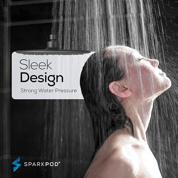 SparkPod 9.5 Inch Large Rain Shower Head - Luxury Rainfall Shower Head - High Pressure Showerhead, Full Body Coverage with Anti-Clog Silicone Nozzles - No Hassle, Easy Install (1/2 NPT, Black Matte)