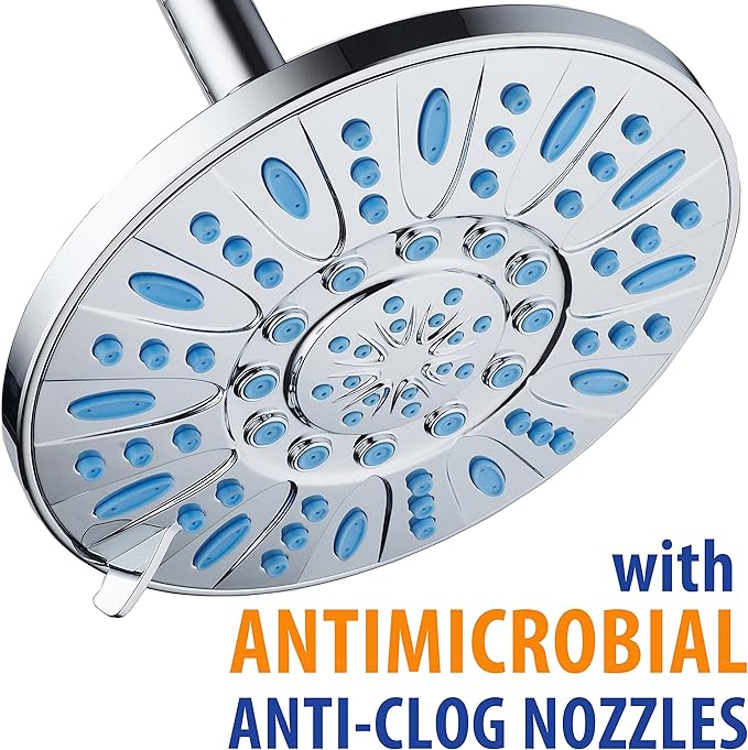 AquaDance 7-inch 6-Setting Rainfall Showerhead with Anti-Microbial Microban Protection from Mold, Mildew, and Bacteria - Clog-Free Wave Blue Jets, Chrome Finish