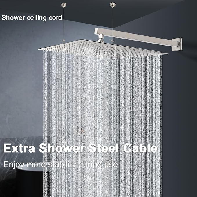 HarJue Shower Head with Extension Arm, High Pressure Square with ShowerArm, Stainless Steel Rainfall-Waterfall Full Body Coverage (16'' Shower with 20'' Arm, Brushed Nickel)