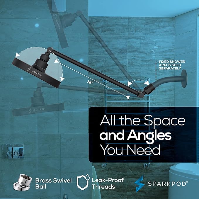 SparkPod Round Rain Shower Head with Shower Head Extension Arm - High Pressure Rain - Luxury Modern Look - No Hassle Tool-less 1-Min Installation (16" Shower Arm Extension, Midnight Black Matte)