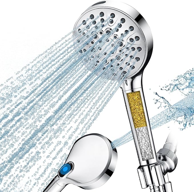 BRIGHT SHOWERS Filtered Shower Head with Handheld, High Pressure 9 Spray Mode Showerhead with Long Hose and Bracket, Water Softener Filters Beads for Hard Water - Removes Chlorine, Chrome