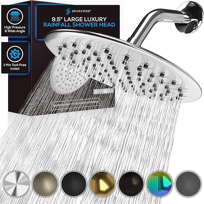 SparkPod 9.5 Inch Large Rain Shower Head - Luxury Rainfall Shower Head - High Pressure Showerhead, Full Body Coverage with Anti-Clog Silicone Nozzles -No Hassle, Easy Install (1/2 NPT, Chrome)