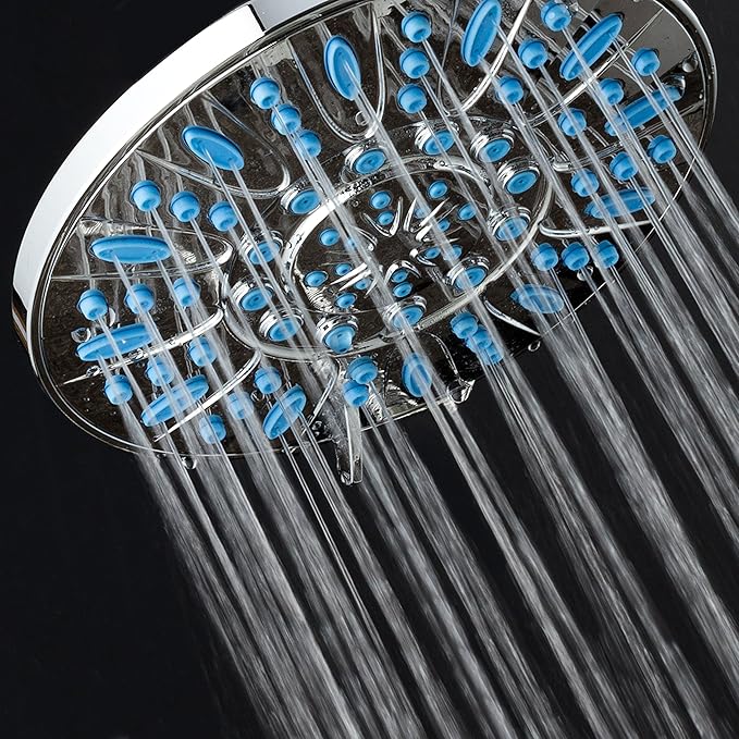 AquaDance 7-inch 6-Setting Rainfall Showerhead with Anti-Microbial Microban Protection from Mold, Mildew, and Bacteria - Clog-Free Wave Blue Jets, Chrome Finish